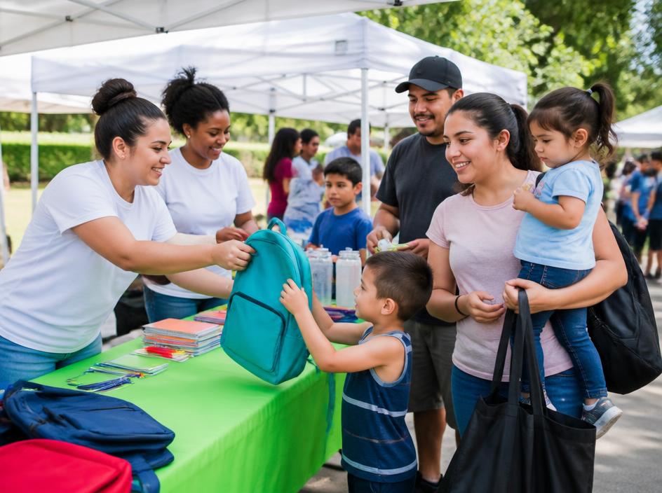 Volunteers handing out supplies to families at an outdoor community resource fair
