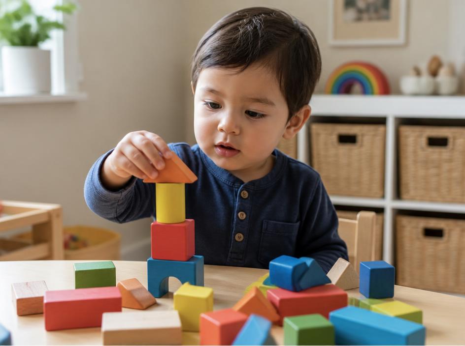 A toddler stacking colorful wooden blocks at a play table