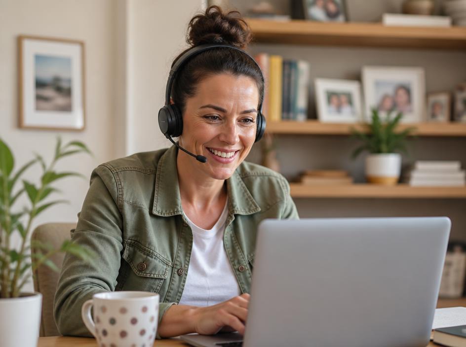 A Family Navigator wearing a headset smiling during a virtual support call