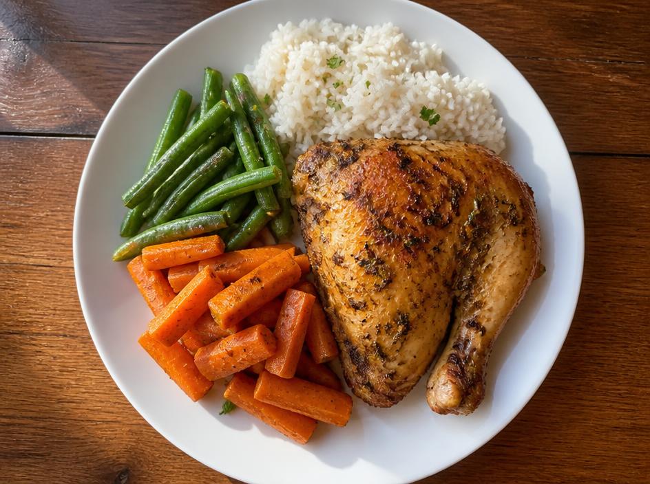 A nutritious welcome meal of roasted chicken, rice, green beans, and carrots